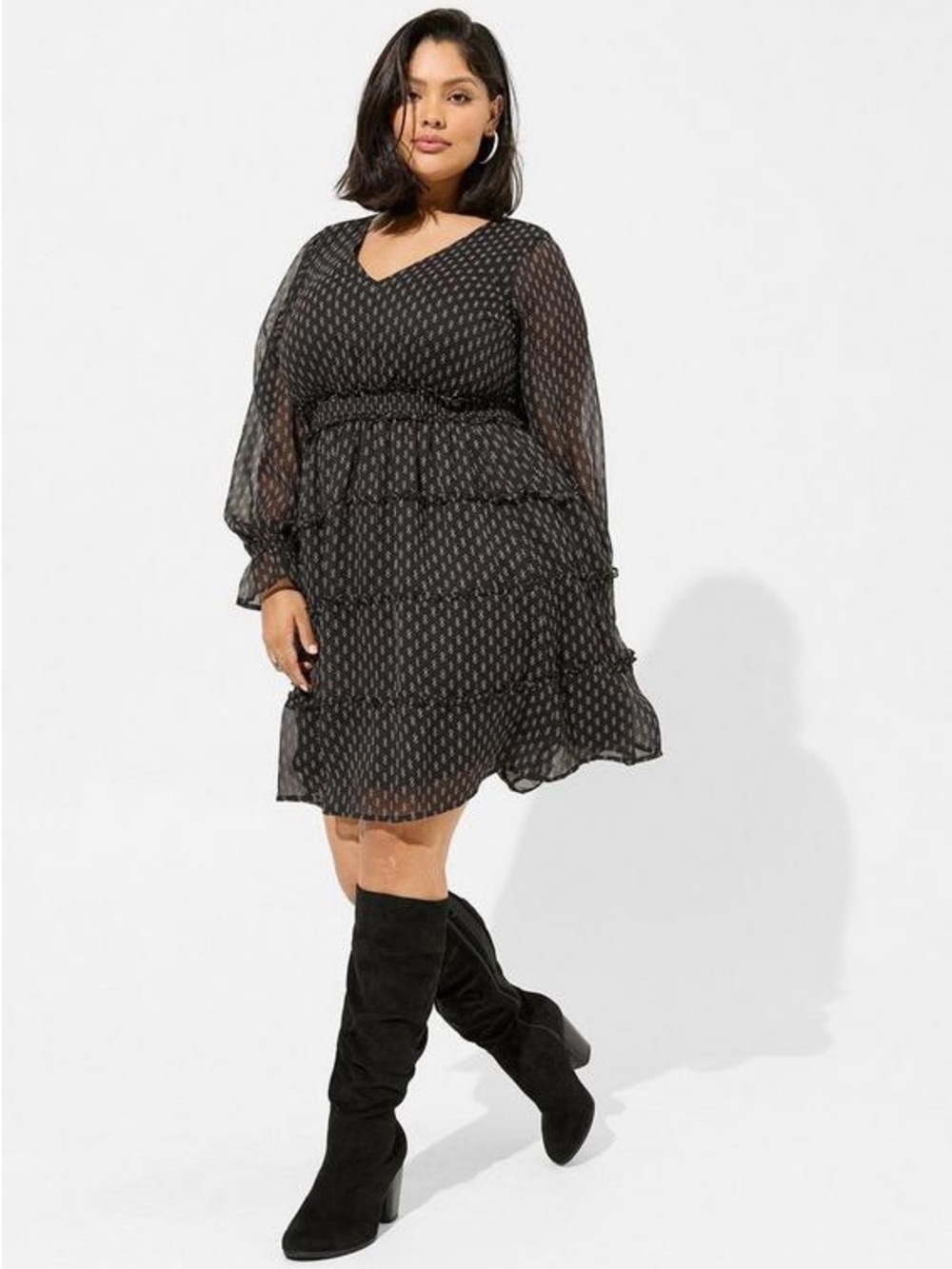 Torrid Mini Lurex Chiffon Tiered Dress Black Long Sleeve Size 00 Plus Boho